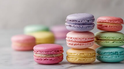 Fototapeta premium Colorful Macarons Stacked on Marble Surface, Pastel Sweet Treats, Gourmet Confectionery, Close-Up