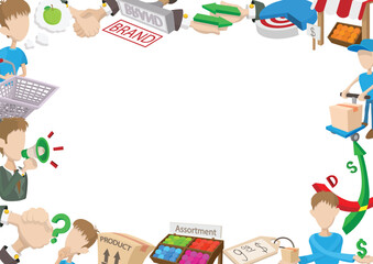 Obraz premium Cartoon frame illustrating marketing and retail concepts, featuring consumers, products, branding, advertising, sales, and market analysis elements