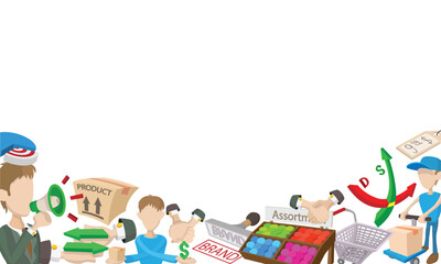 Obraz premium Marketing and retail cartoon icons frame representing business related concepts like product, brand, assortment, price, target, and delivery