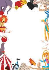 Colorful circus frame border featuring various amusement park attractions and entertainers, creating a festive and playful design