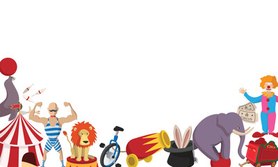 Circus performers and trained animals showing their amazing skills in a colorful vector illustration with copy space