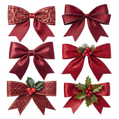 A shiny set of red satin Christmas bows with festive ribbons and decorative knots
