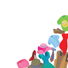 Various colorful clothing items and accessories create a vibrant border on a white background, offering ample space for text or design elements