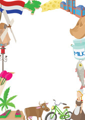 Cartoon frame composed of dutch national symbols including flag, map, cheese, windmill, tulips, clogs, milk, fish, cow, bicycle, and woman in traditional dress