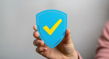 Hand Holding Blue Shield with Yellow Check Mark: Security and Approval Concept