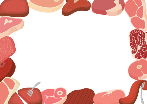 Various cuts of fresh meat creating a rectangular frame on a white background, ideal for food related designs