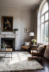 Fototapeta premium An elegant and sophisticated transitional living room featuring a classic fireplace, a timeless oil painting, and comfortable, stylish modern furniture for a cozy feel. 