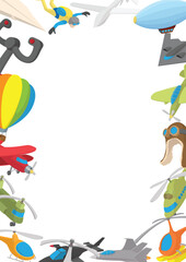 Fototapeta premium Colorful aircraft frame showcasing various flying machines, including helicopters, airplanes, hot air balloon, and a skydiver, creating a dynamic border