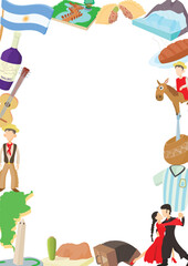 Argentinian frame showcasing cultural icons, including wine, music, dance, food, and landscapes, celebrating the country's rich heritage