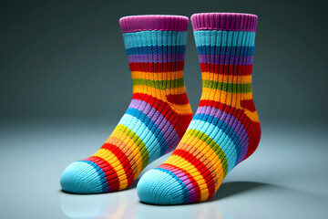 Colorful striped socks with vibrant patterns sitting on a surface illuminated by soft light