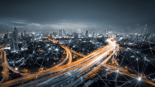 Cityscape at Night with Highway Network, Abstract Communication Technology, and Futuristic Connection Concepts - Powered by Adobe