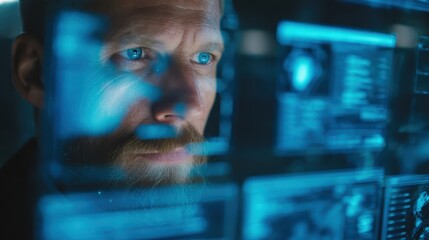 Close-Up of a Focused Man with a Beard Analyzing Data on a Futuristic Digital Interface in a Dark Room with Blue Graphics