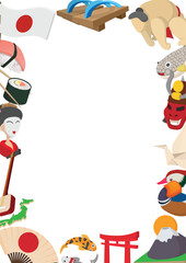 Frame of colorful cartoon icons illustrating japanese culture surrounding a white copy space