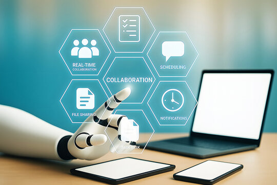 AI managing business collaboration on a futuristic dashboard