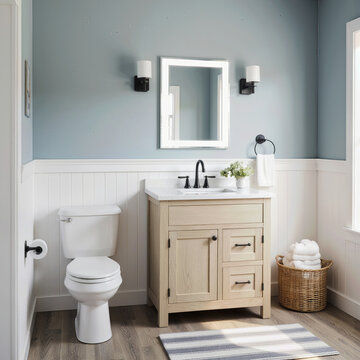 A fresh and charming bathroom with a classic design, featuring a light wood vanity, a modern backlit mirror, and a soothing blue and white color scheme.

