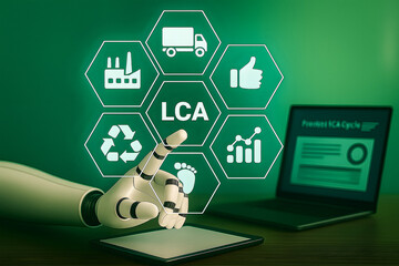 AI robot managing Life Cycle Assessment (LCA) on futuristic UI