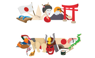 Colorful banner celebrating various aspects of japanese culture, including traditional clothing, food, landmarks, and wildlife