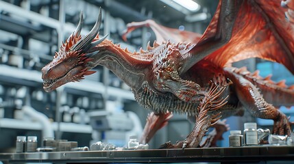 A laboratory scene showing a massive dragon restrained in a high-tech containment chamber, scientists using advanced bioengineering equipment to modify its DNA strands displayed on holographic screen