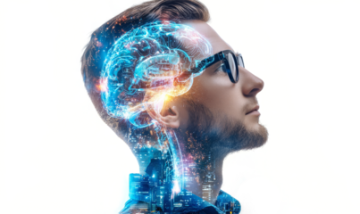 artificial intelligence concept with double exposure on a white background. A man in glasses is thinking about something futuristic and high-tech, glowing brain structure.	
