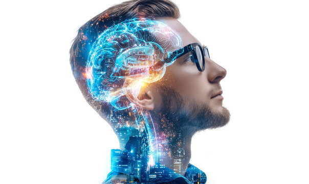 artificial intelligence concept with double exposure on a white background. A man in glasses is thinking about something futuristic and high-tech, glowing brain structure.	
