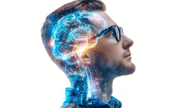 artificial intelligence concept with double exposure on a white background. A man in glasses is thinking about something futuristic and high-tech, glowing brain structure.	
