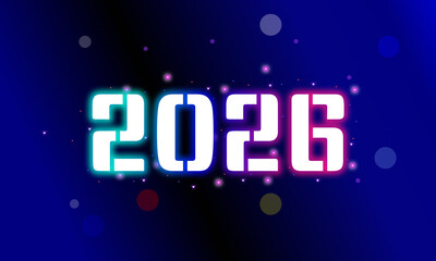 Obraz premium Happy New Year 2026 with a glowing stencil font. A futuristic design featuring the year 2026 with a blue and pink neon aura, sparkles, and bokeh lights. A modern holiday celebration background.