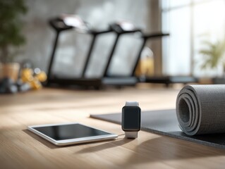 Modern Home Gym Setup with Fitness Equipment, Smartwatch, Tablet, and Yoga Mat on Wooden Floor in Bright Room with Treadmills in Background