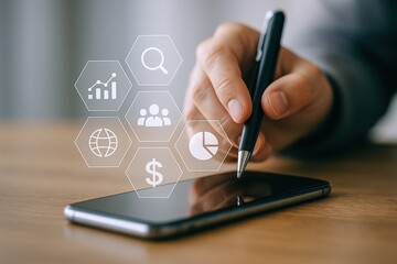 Mobile Marketing Strategy Concept: Businessman Analyzing Business Data on a Smartphone with Icon Overlays