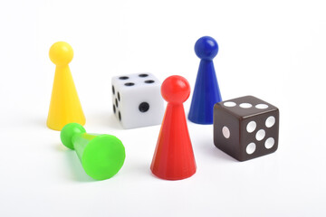 Colorful crowd and dice isolated on white background