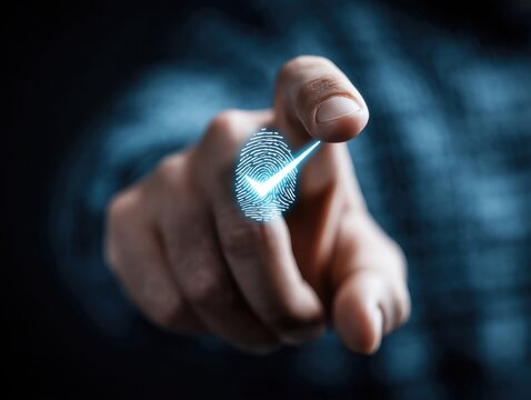 A person uses a finger to interact with digital fingerprint scanning technology