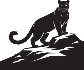Mountain Lion Silhouette Vector Illustration on Rocky Peak with Shadow Detail