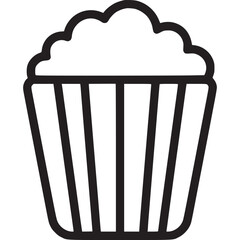 A minimalist line art illustration of a popcorn bucket, isolated on white background, symbolizing movie nights, snacks, and the joy of cinematic entertainment