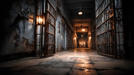 Dark And Gloomy Prison Hallway With Metal Bars And Dim Lighting