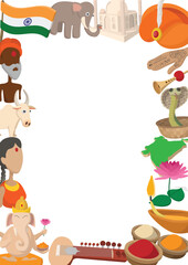 Vibrant and colorful frame showcasing india's rich culture, including iconic landmarks, religious figures, and traditional elements, creating a festive and decorative border