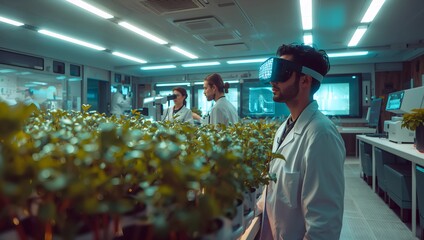 Researchers wearing VR headsets examine plants in a modern laboratory setting, conducting scientific experiments.