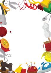 Colorful sewing accessories forming a frame on a white background, providing copy space for text or design