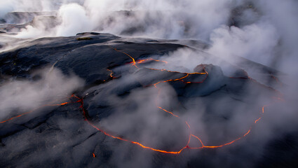 Molten Flow: Witness the raw power of nature as fiery lava courses through the landscape, creating a dramatic contrast with the swirling clouds. 