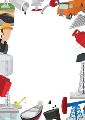 Oil industry extraction, transportation, refining and storage cartoon icons frame