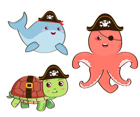 Set of Cute Cartoon Marine Animals with Pirate Hats – Nautical and Adventure Themes