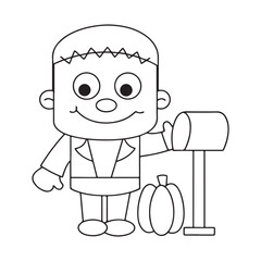 A cute cartoon Frankenstein monster with a pumpkin and mailbox outline drawing halloween