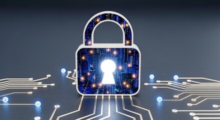 Digital Security Concept: Padlock with Cityscape Interior on Circuit Board Background Illustrating Data Protection