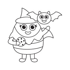 A cute cartoon witch egg character holding a cookie with a bat outline drawing halloween
