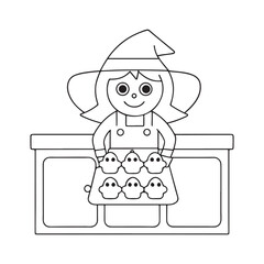 Cartoon witch character baking ghost-shaped cupcakes on a tray halloween drawing