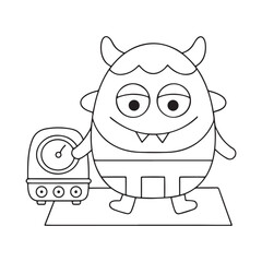 Sleepy monster character with a clock and horns creature tired