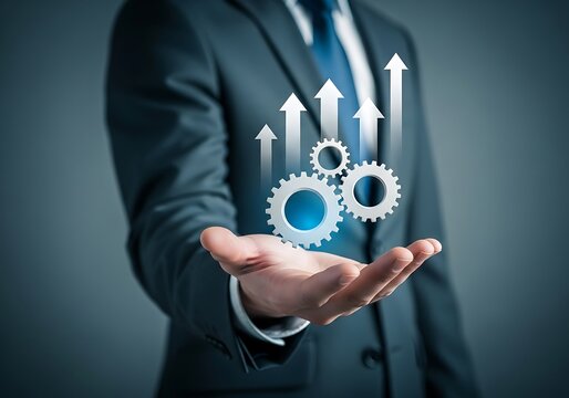 Business professional presenting gears and upward growth arrows
