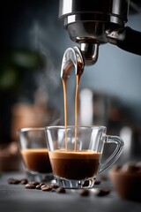 Espresso machine pouring coffee into glass cup