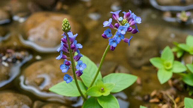 Brooklime (Veronica beccabunga) plant in flower. Raceme of blue flowers on fleshly plant in the family Plantaginaceae, growing in a stream