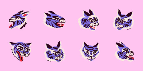 Set of tiger heads in groovy style. Vector sticker kit of predator faces. Color illustration design
