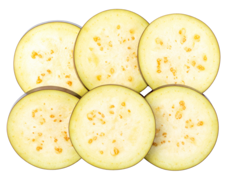 Sliced Eggplant Showing Pale Flesh and Seeds, isolated