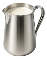 Stainless steel pitcher with a sleek handle, brimming with fresh milk for coffee service.